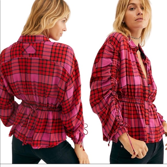 Free People plaid red and pink top - Picture 1 of 15